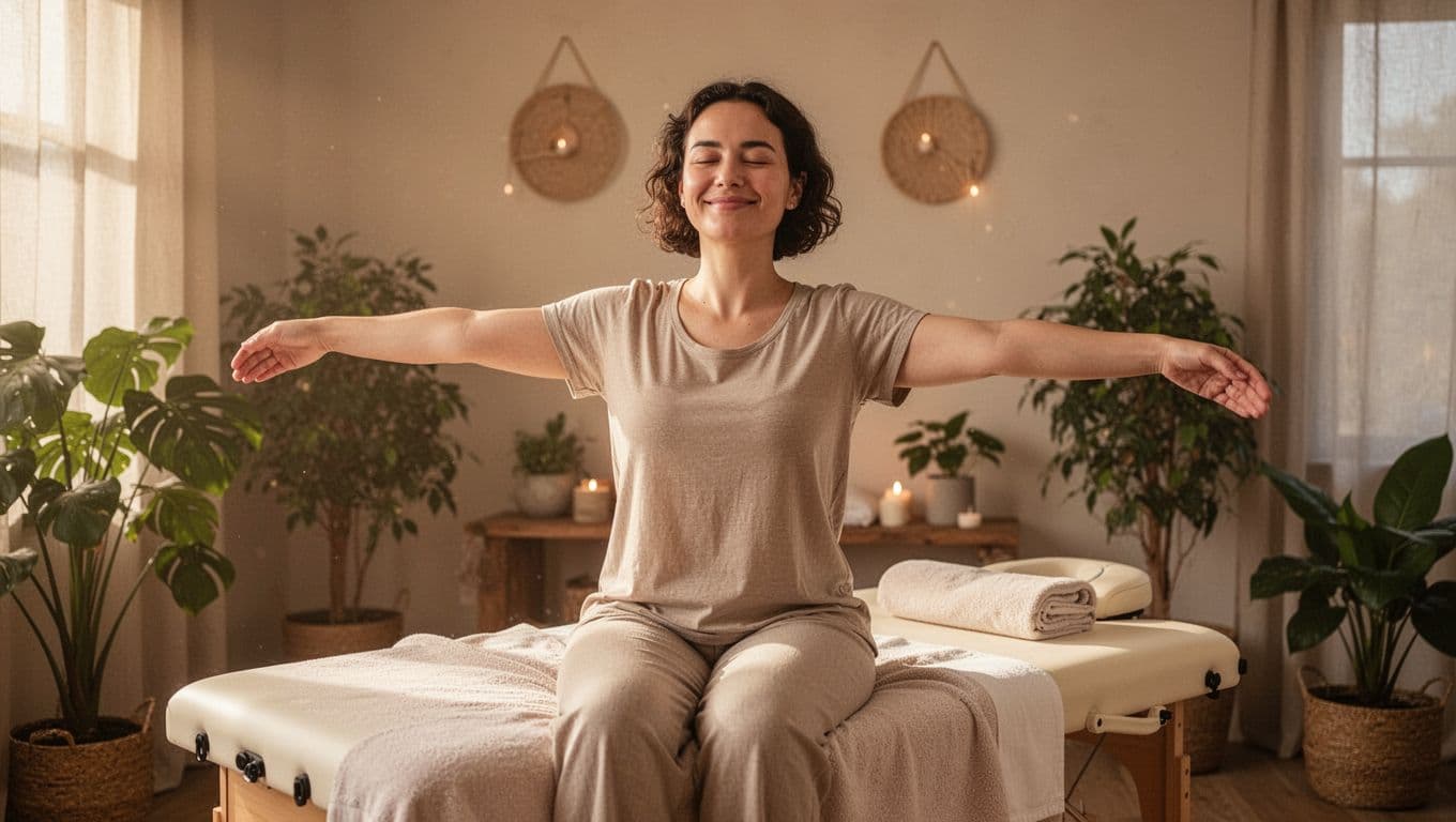 Swedish Massage 5 A relaxed person sits up on a massage table after a session in a cozy spa room, smiling softly with a refreshed expression while gently stretching arms amid soft morning light and peaceful plants.
