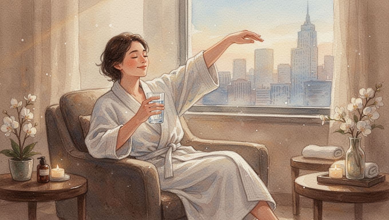 A relaxed person in a soft robe sits comfortably in a cozy spa lounge at Classic Comfort Massage & Spa, holding a glass of water and gently stretching one arm, with soft afternoon light and a hint of Nairobi city, capturing a refreshed post-massage glow in watercolor style with warm earthy tones.