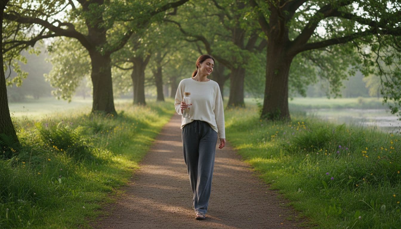 Relaxed person in comfortable loungewear walks gently on a calm park path after massage, holding a water bottle, with soft sunlight filtering through trees and a content expression.