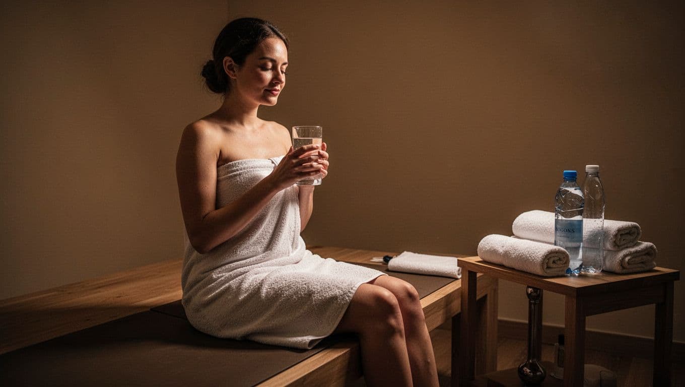 A calm person wrapped in a soft towel sits on the edge of a mat in a post-massage relaxation area, holding a glass of water with a serene expression under soft warm lighting. Fresh towels and a water bottle sit nearby on a side table, illustrating relaxing aftercare.