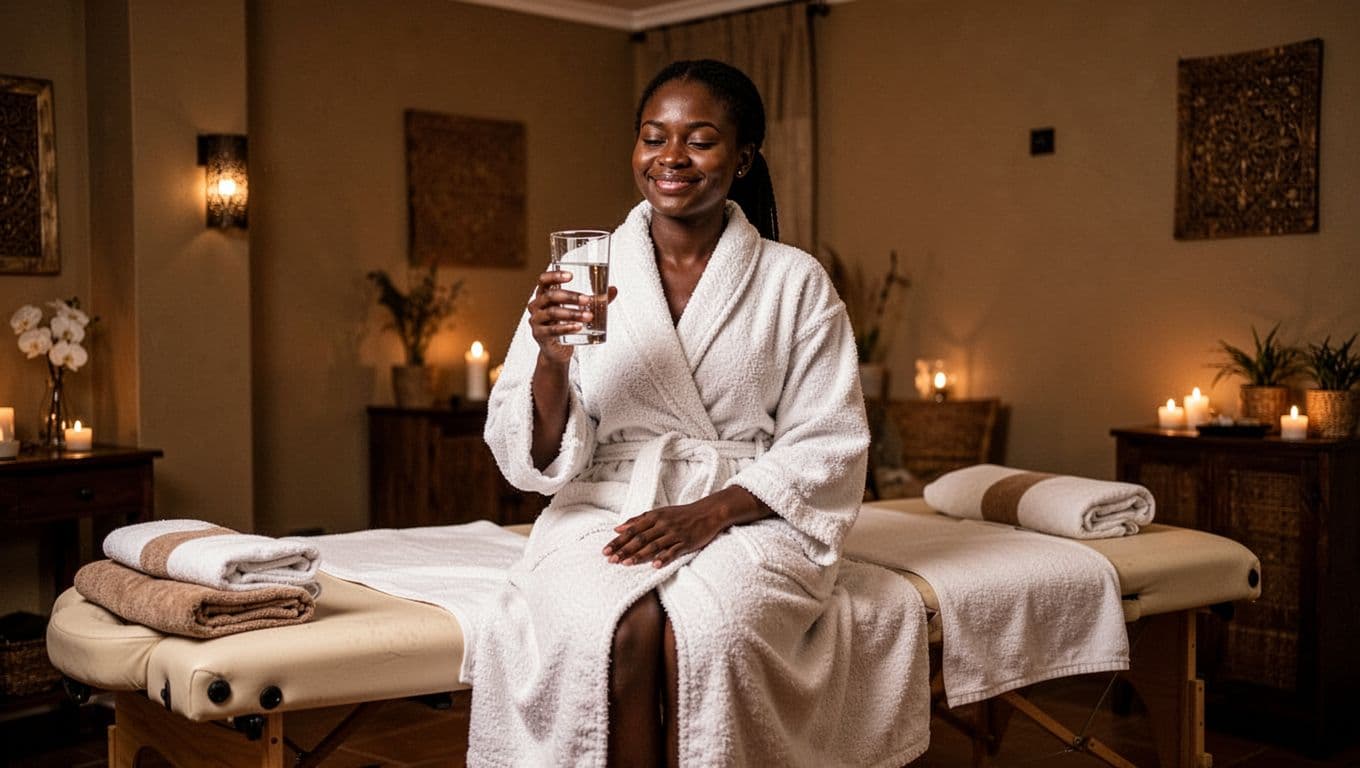 A relaxed person in a robe sits on the edge of a massage table after a session, holding a glass of water with a soft smile in a dimly lit spa lounge with folded towels nearby.