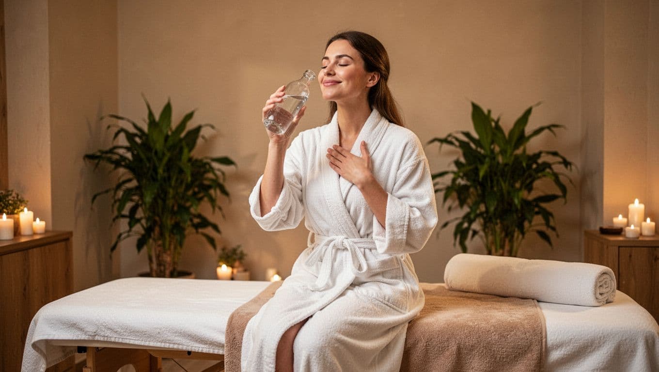 Swedish Massage 8 A relaxed person sits on the edge of a massage table in a spa room, drinking water from a glass bottle, looking refreshed and calm with a soft smile, wearing a loose robe, under warm lighting with plants in the background.