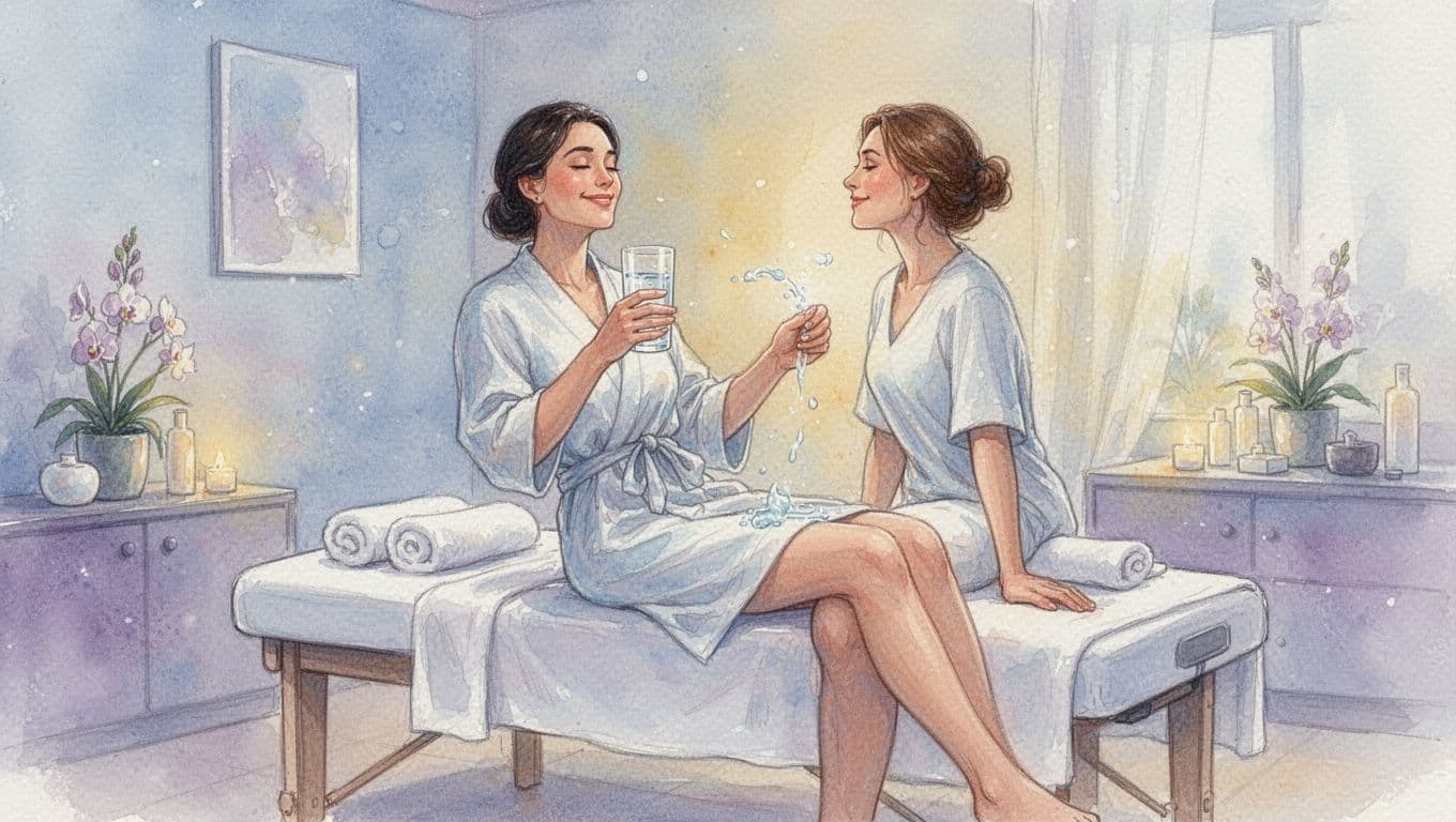 A relaxed client sits on the edge of a massage table after a session, holding a glass of water and looking refreshed in a serene spa room with soft light. Watercolor style featuring soft blending, visible brush texture, and pastel blues, lavenders, warm yellows.