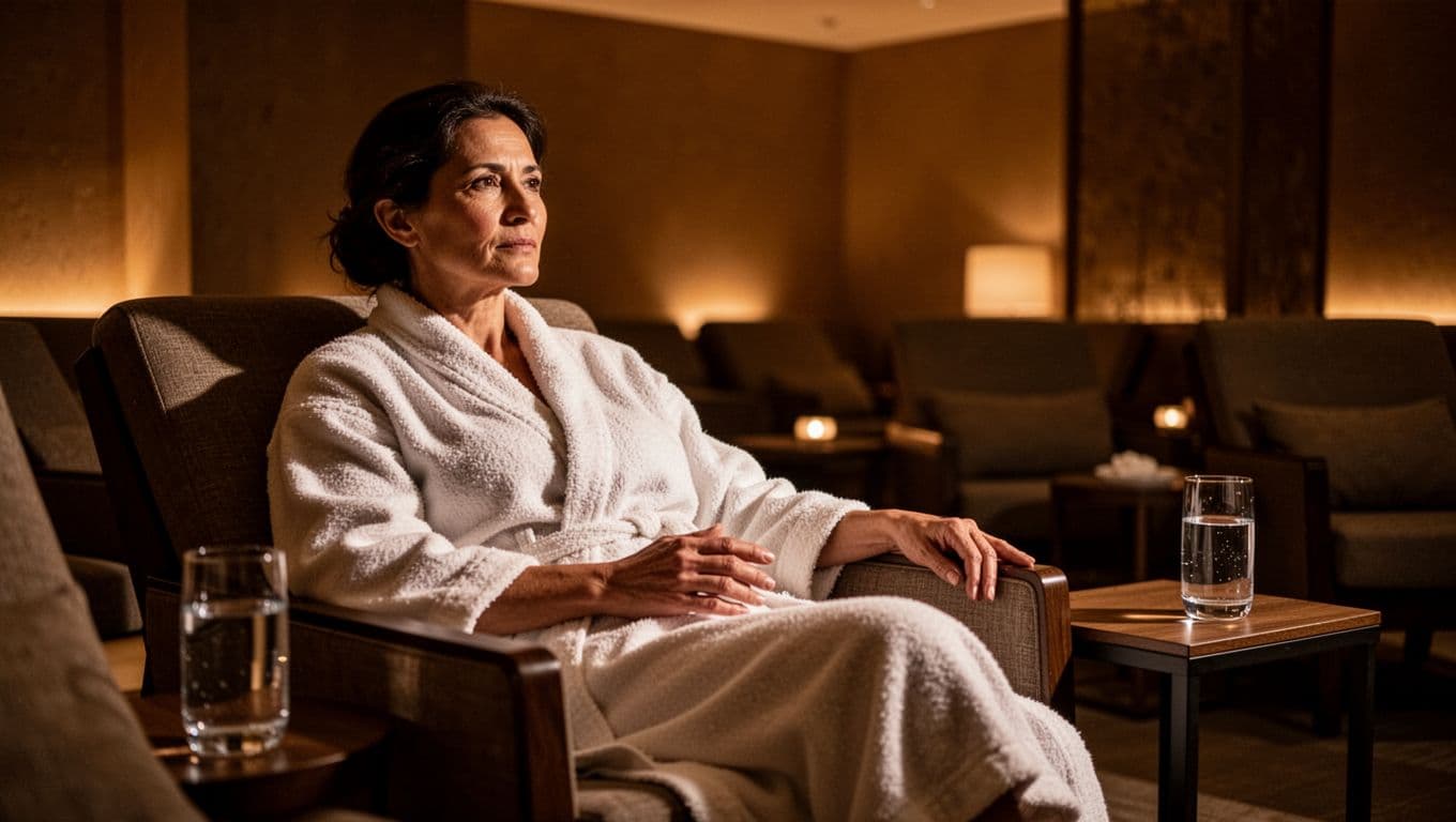 A person sits peacefully in a plush armchair within a dark, amber-lit room. A clear glass of water rests on a side table while soft shadows create a reflective, calming atmosphere.