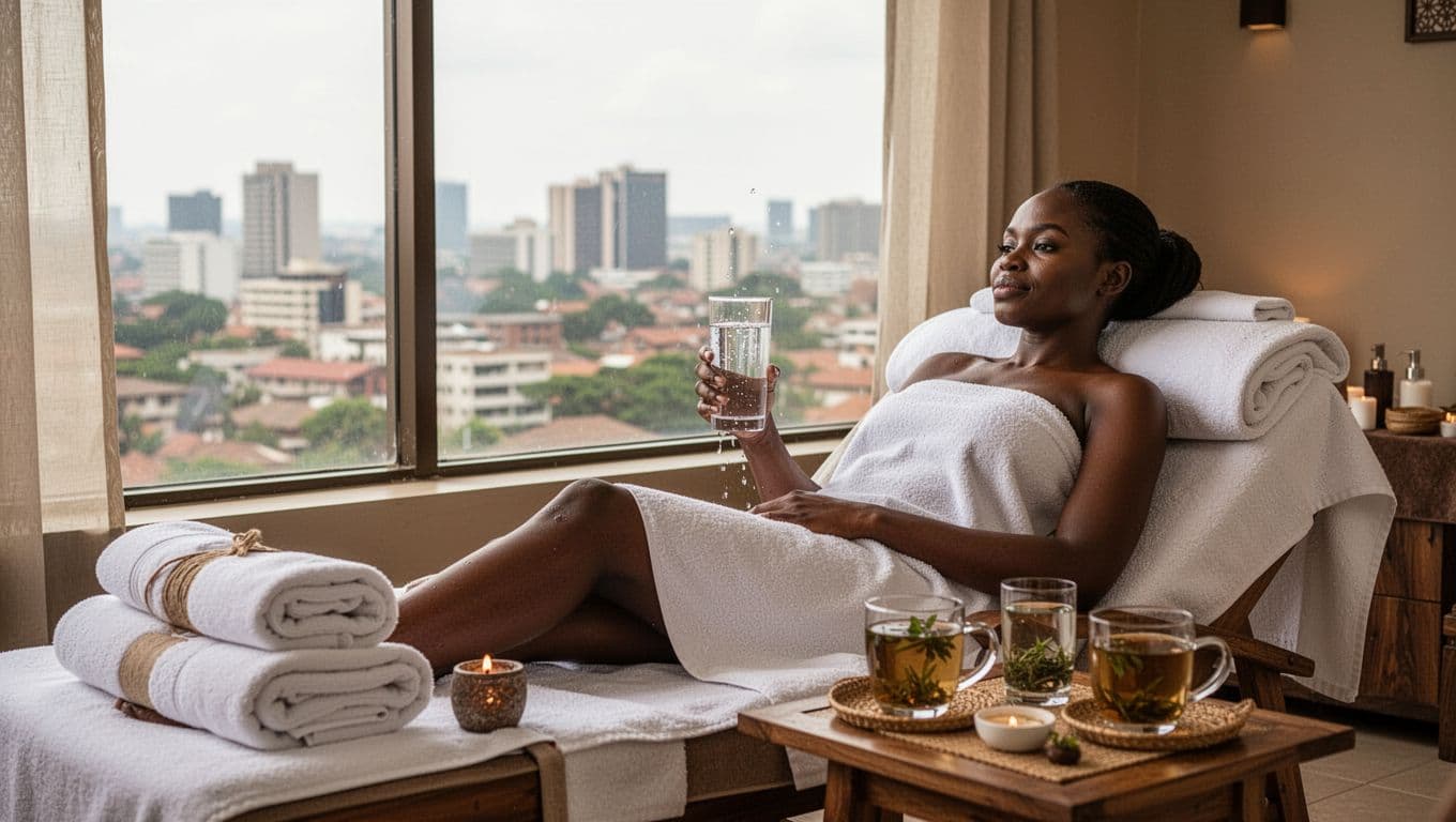 Massage Nairobi: How to Choose the Right Spa and Treatment 10 A relaxed client sits comfortably in a serene Nairobi spa lounge after a massage session, sipping water and herbal tea with folded towels nearby and a city view through large windows.