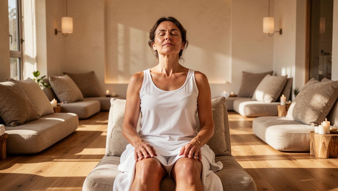 A person sits peacefully in a bright, minimalist spa room with warm ambient light. Their posture is loose and open, reflecting physical ease and newfound flexibility after a recent bodywork session.