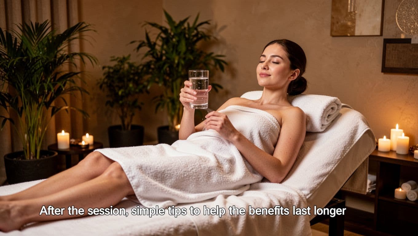 Hot Oil Massage 9 A relaxed person sits on a spa couch after a massage, holding a glass of water in a soft towel wrap, with a calm expression in a cozy lounge area featuring plants and dim lights.