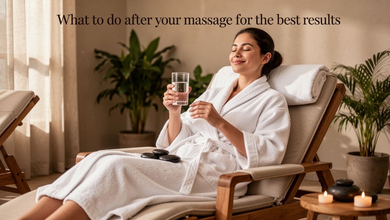 Relaxed person in spa robe sitting on lounge chair in tranquil spa lounge, holding glass of water, soft natural light, content expression.