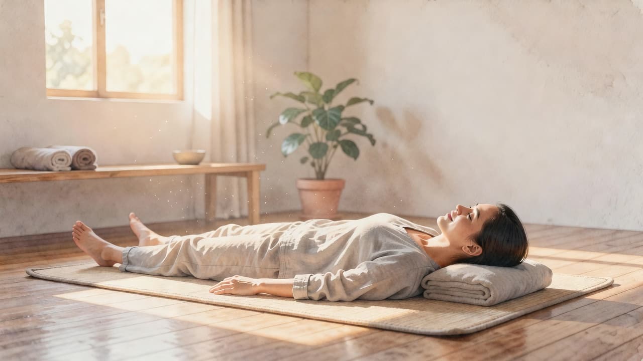 A person rests on a woven floor mat in a sunlit studio, surrounded by soft watercolor textures. The serene atmosphere suggests deep physical restoration following a therapeutic Thai massage session.