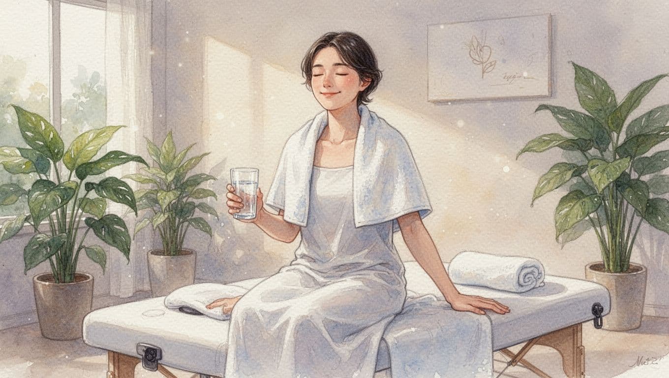 A person sits calmly on a massage table after a session, smiling lightly with a towel draped over shoulders, holding a glass of water, in a softly lit spa room with plants, in watercolor style.