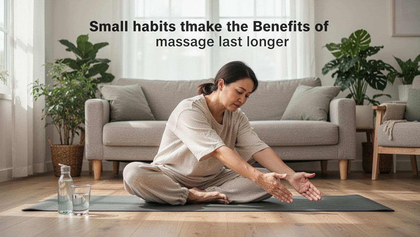 Massage 14 A relaxed person in loose clothes performs a gentle seated forward stretch in a bright living room after a massage, with soft natural light, yoga mat, water glass, and plants nearby.