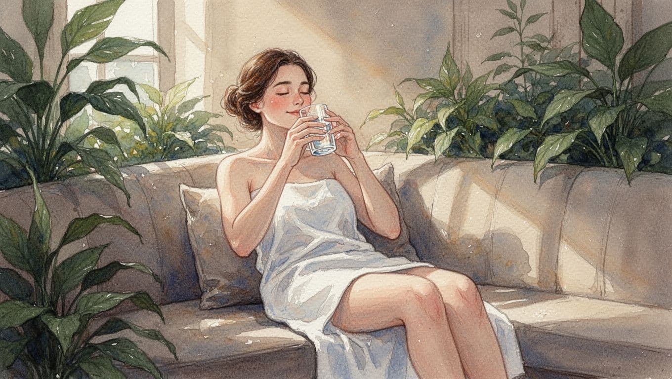 Massages in Langata: A Clear Guide from Fortune Massage & Spa 12 Watercolor of person sitting content in spa lounge, sipping water amid plants and warm light.