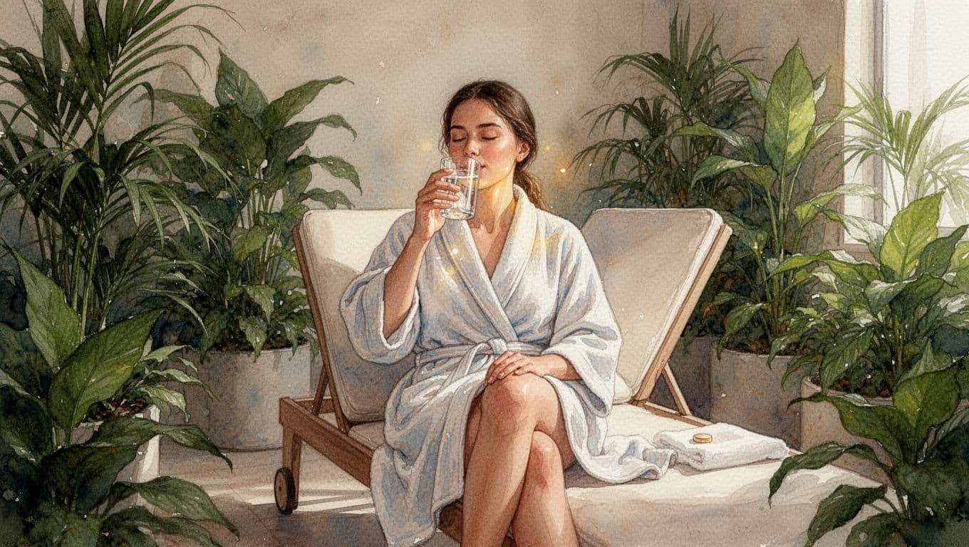 Relaxed woman in a robe sits on a lounge chair in a spa area, drinking water after a massage, with a glowing face, soft warm lighting, and plants nearby, rendered in watercolor style with soft blending and brush texture.