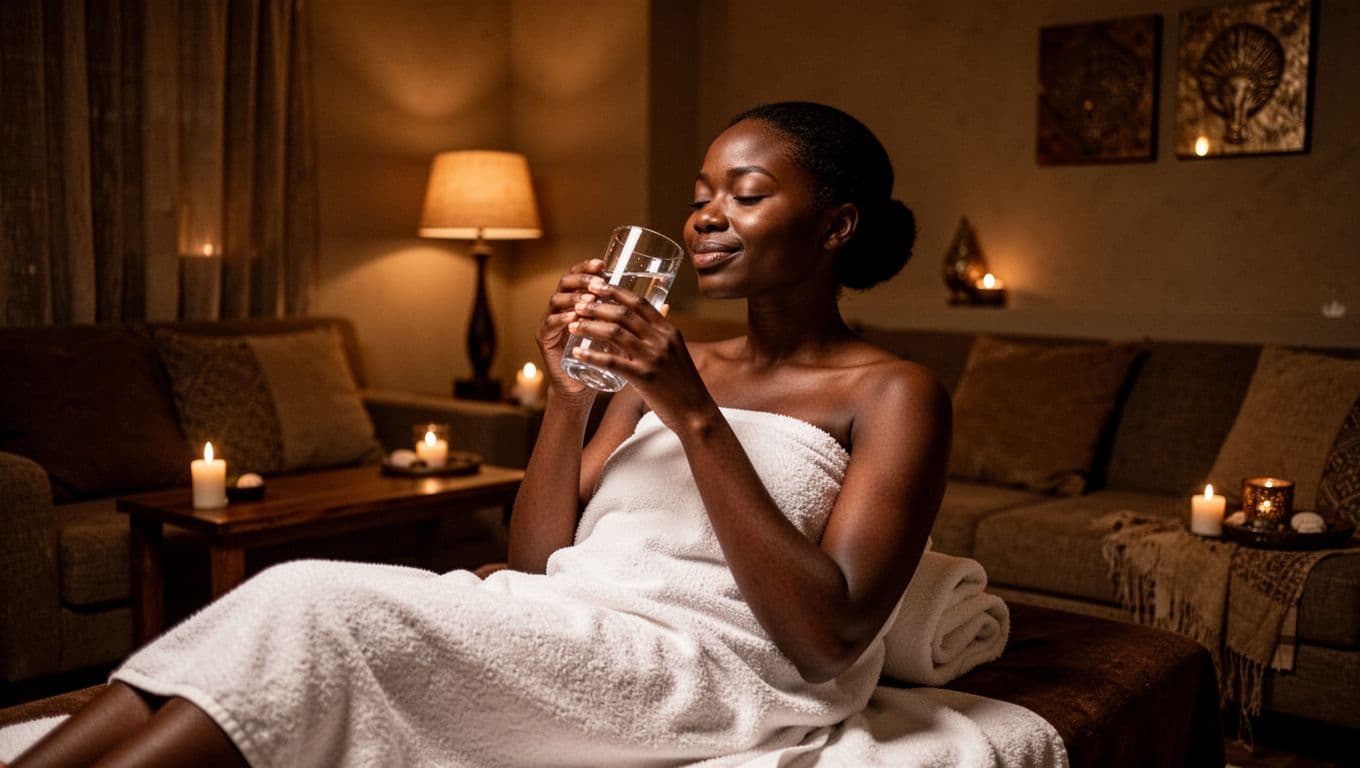Calm client wrapped in towel sips water in cozy spa lounge after Nairobi Nuru massage, with relaxed expression under soft warm cinematic lighting.