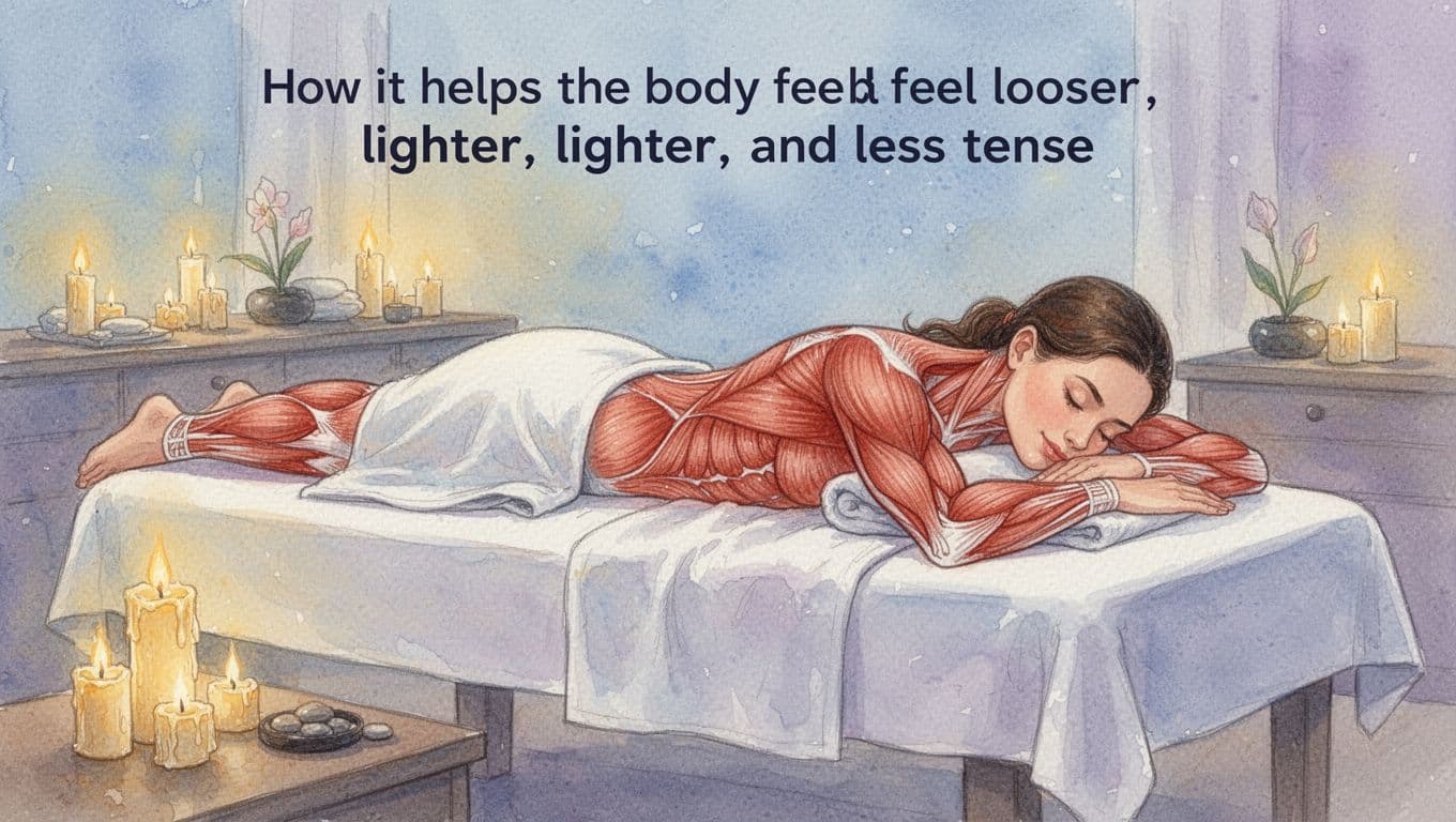 Relaxed client lying face down on a massage table in a serene spa room post-Swedish massage, with body feeling looser, lighter, and less tense, shoulders dropped, limbs relaxed, under warm candlelight highlighting smooth muscles. Watercolor style featuring soft blending, visible brush texture, and pastel blues, lavenders, warm yellows; exactly one person, no therapist or additional humans visible.