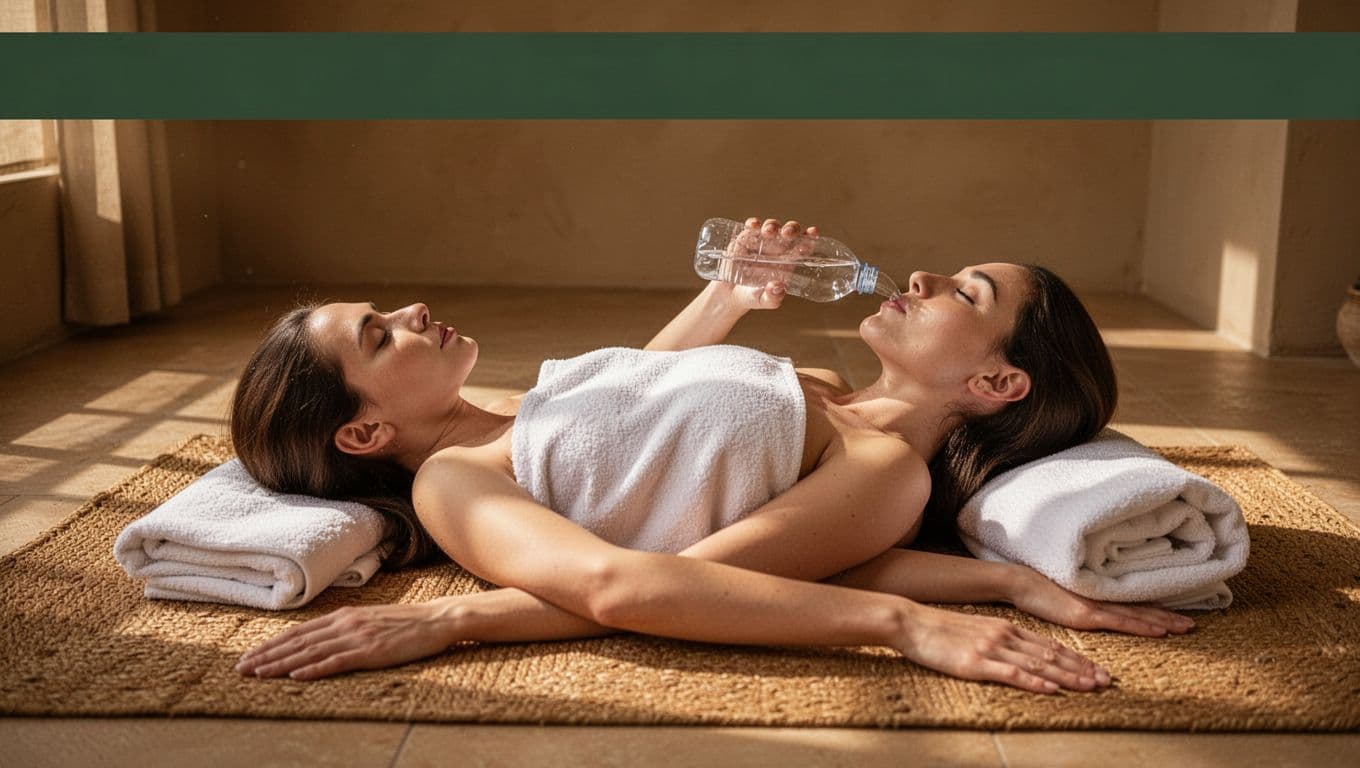 A relaxed client lies on a woven mat in a serene spa room after a Thai massage, sipping water from a bottle with a towel nearby, under soft warm lighting that highlights recovery and rest.