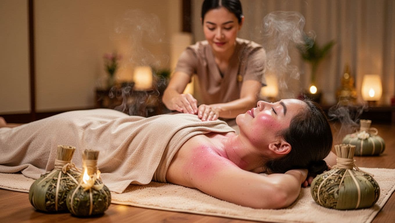 In a serene Thai massage room with soft lighting and herbal steam, a single clothed client rests relaxed on a mat post-session, skin flushed with improved circulation and stress relief, eyes closed in bliss, therapist nearby.