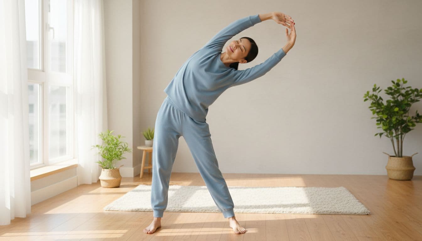 A relaxed adult stands with improved posture, arms raised overhead, hips open and back straight in a sunlit living room post-Thai massage, conveying serenity and enhanced mobility.