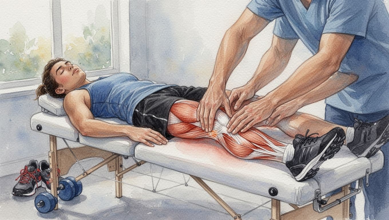 Athlete resting on a massage table post-workout while therapist hands apply deep tissue massage to sore leg muscles, showing improved circulation in a serene watercolor-style recovery room with sports gear nearby.