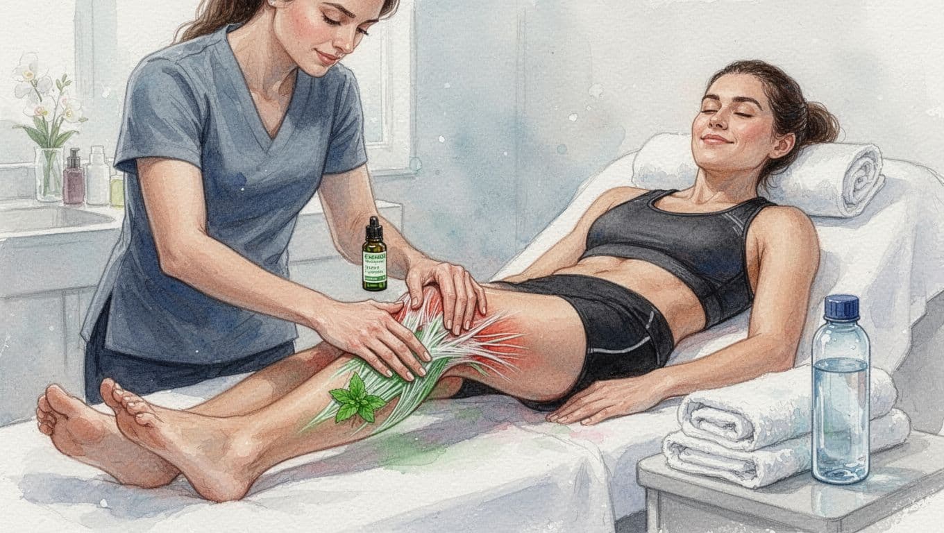 A therapist massages tight calf muscles using peppermint oil on a comfortable athlete's leg in a spa setting with towels and water bottle nearby, conveying improved circulation and recovery in watercolor style with soft blending.