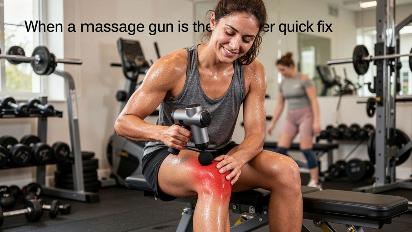 Massage Gun Guide: Benefits, Safe Use, and How to Choose One 8 An athletic person in a home gym applies a handheld massage gun to their sore quad muscle after a workout, displaying a relaxed expression with sweat-glistened skin and casual athletic wear under natural indoor lighting.