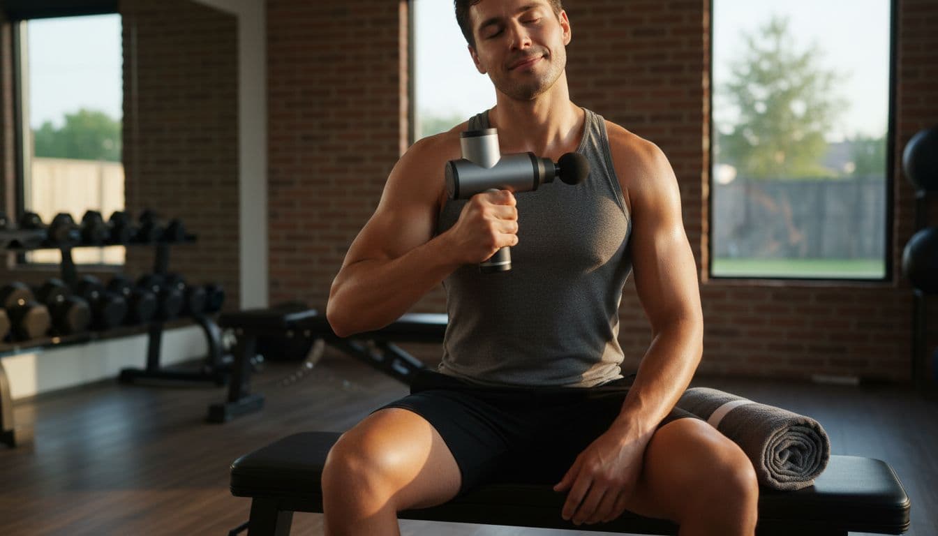 A person seated on a gym bench in a modern home gym uses a massage gun on sore shoulders after a workout, displaying a relaxed expression with a sweat towel nearby.