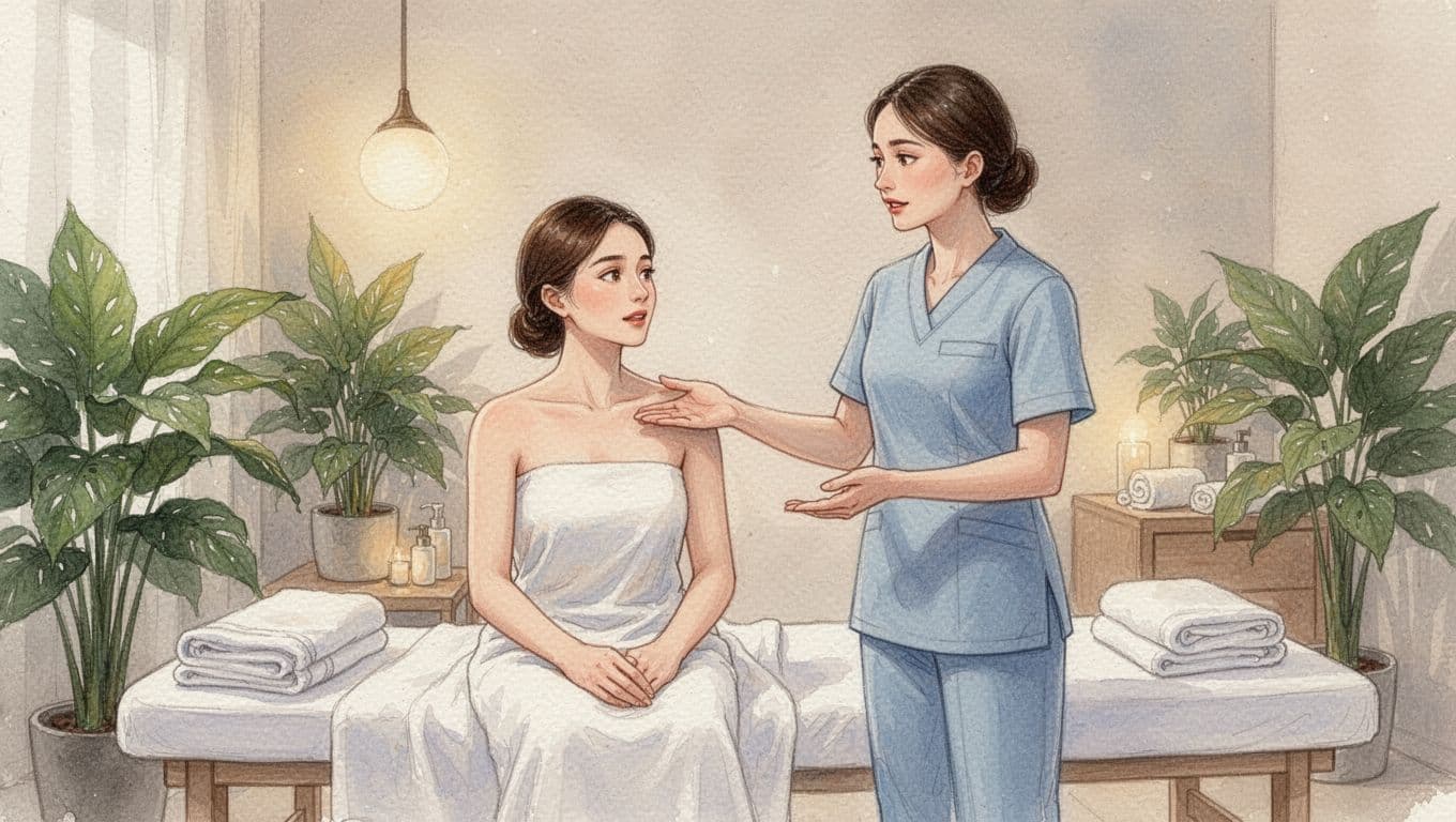 Massage in Nairobi: Types, Prices, and Fortune Spa in Langata 12 Seated client gestures to shoulder while talking to standing therapist in tidy spa room with plants and towels.