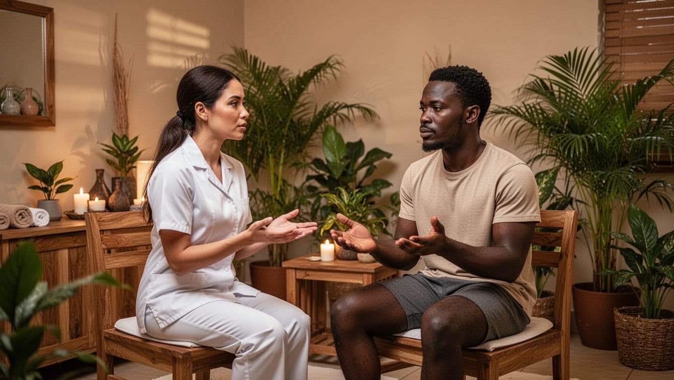 Female therapist attentively listens to male client sharing needs in relaxed pre-massage discussion in serene Nairobi spa treatment room with warm lighting, soft wooden decor, and tropical plants.