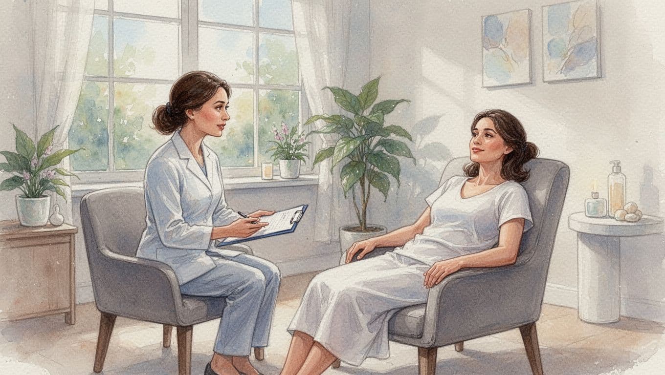 Therapist and relaxed client discuss in a serene spa consultation room before deep tissue massage, with soft natural light and watercolor style featuring blending and brush textures.