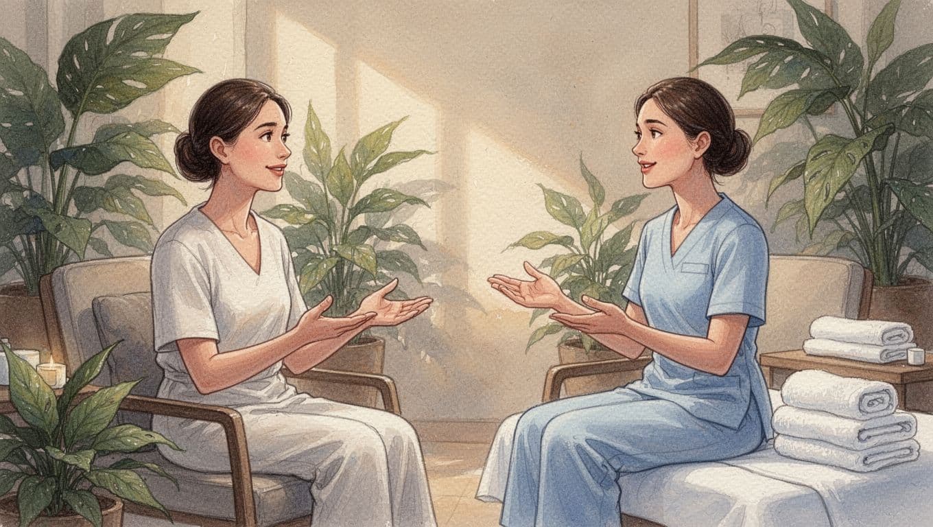 Client seated talking with massage therapist in cozy spa lounge, relaxed expressions and gesturing hands, plants and towels in background.