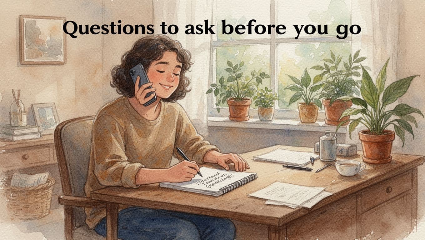 Watercolor style illustration featuring a relaxed person at a wooden desk in a cozy home office, holding a phone to their ear while noting questions on a notepad, with warm earth tones and serene natural light from a window with plants.