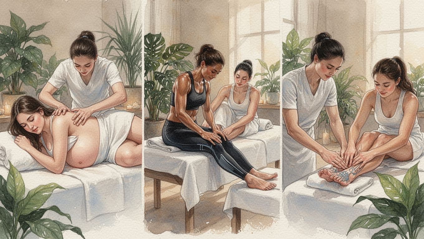 Watercolor spa montage shows therapist massaging pregnant woman's back, athlete's legs, and foot reflexology amid plants.