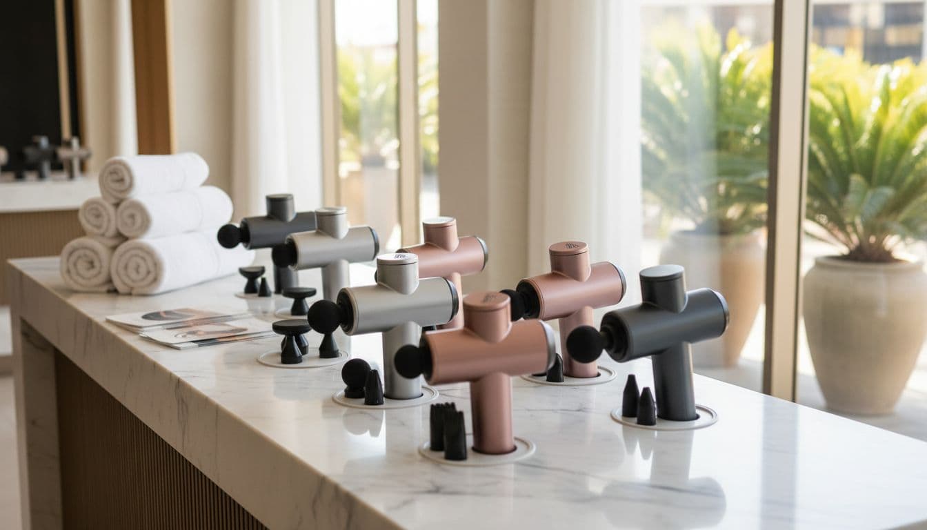 Premium massage guns on an elegant spa reception counter at Nairobi Spa in Kenya, various models with attachments arranged beside spa brochures and fresh towels in a modern clean interior with soft natural light.