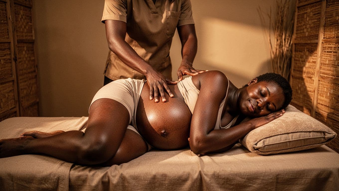 Pregnant client receiving a side-lying massage in a warm private spa room.