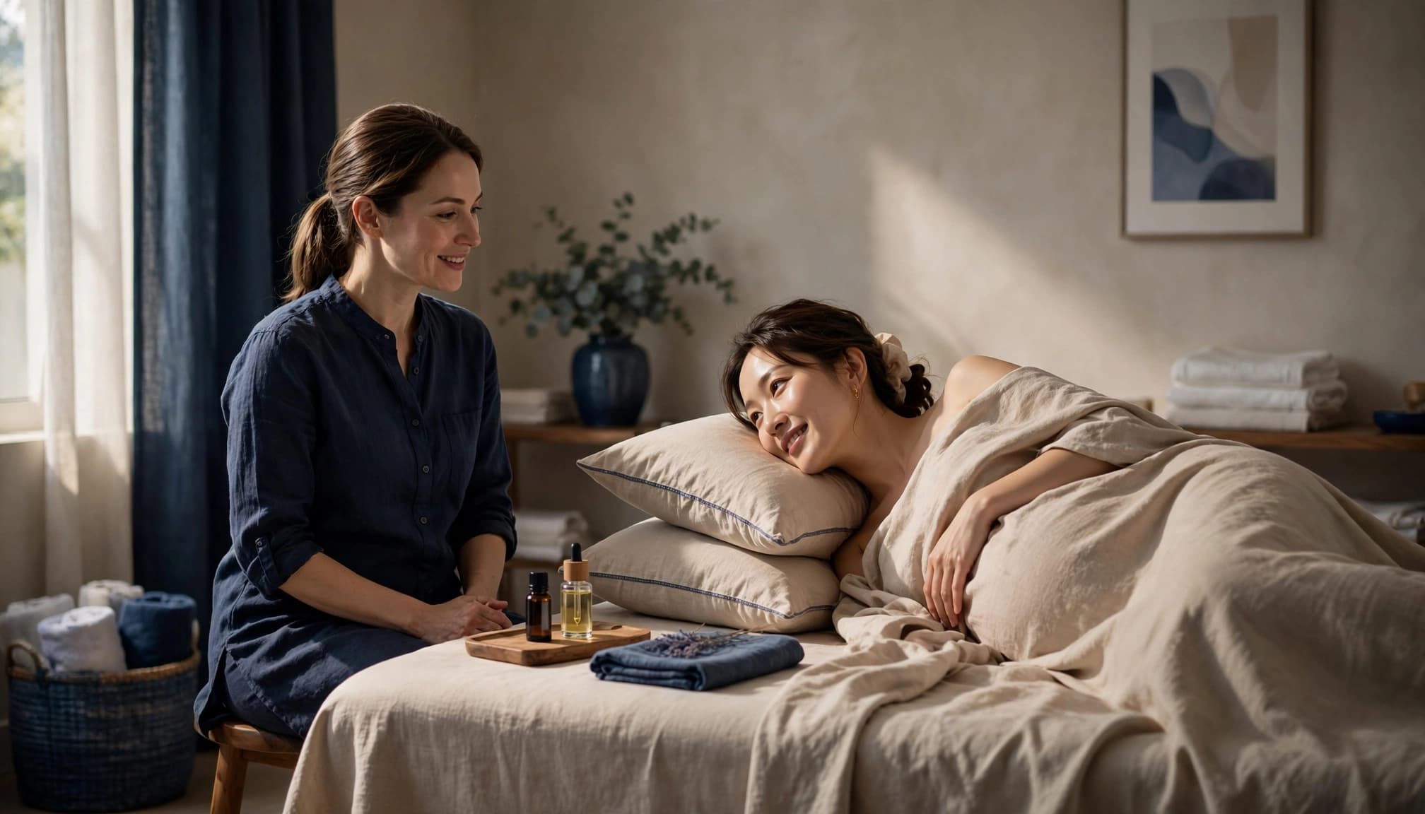 Aromatherapy Massage 4 Therapist speaking with a fully draped pregnant client resting on her side.