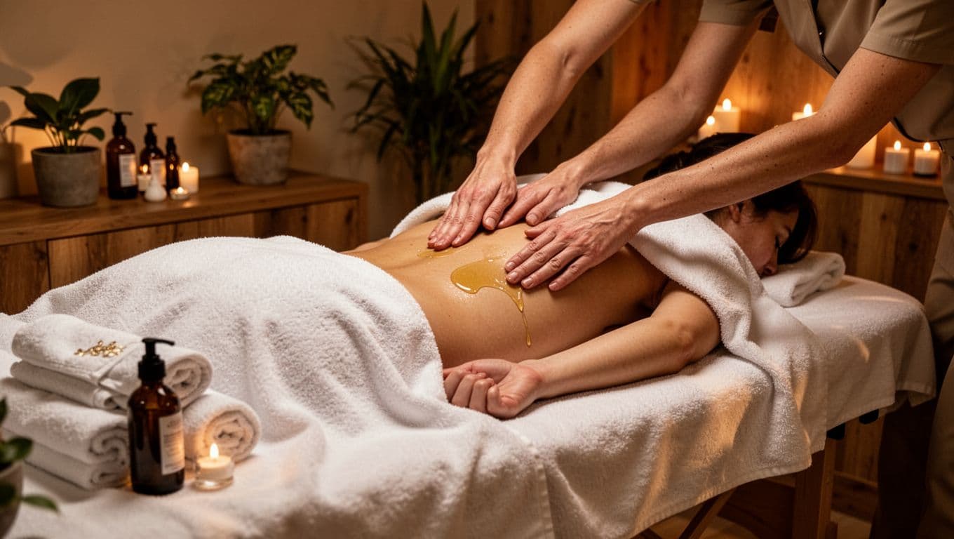 Client settling face down under a draped sheet on a massage table in a cozy, warmly lit Kilimani spa room, with therapist's hands applying warm oil to the lower back. Serene atmosphere enhanced by dim ambient light, potted plants, wooden accents, and bold 'Prep Smart' branding band at the top.