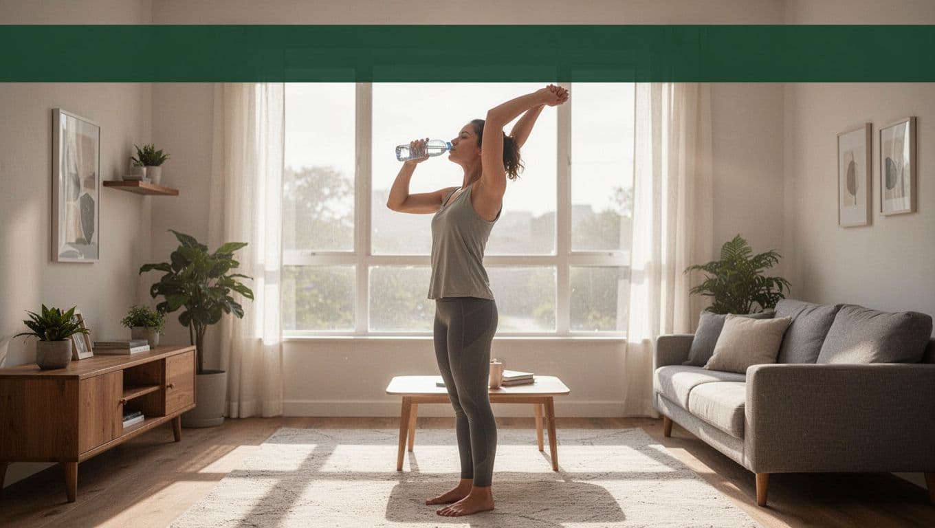 A person stands in a bright home living room, drinking from a water bottle in one hand while raising the other arm in a gentle shoulder stretch, illuminated by morning natural light, in a relaxed pose preparing for a massage session.