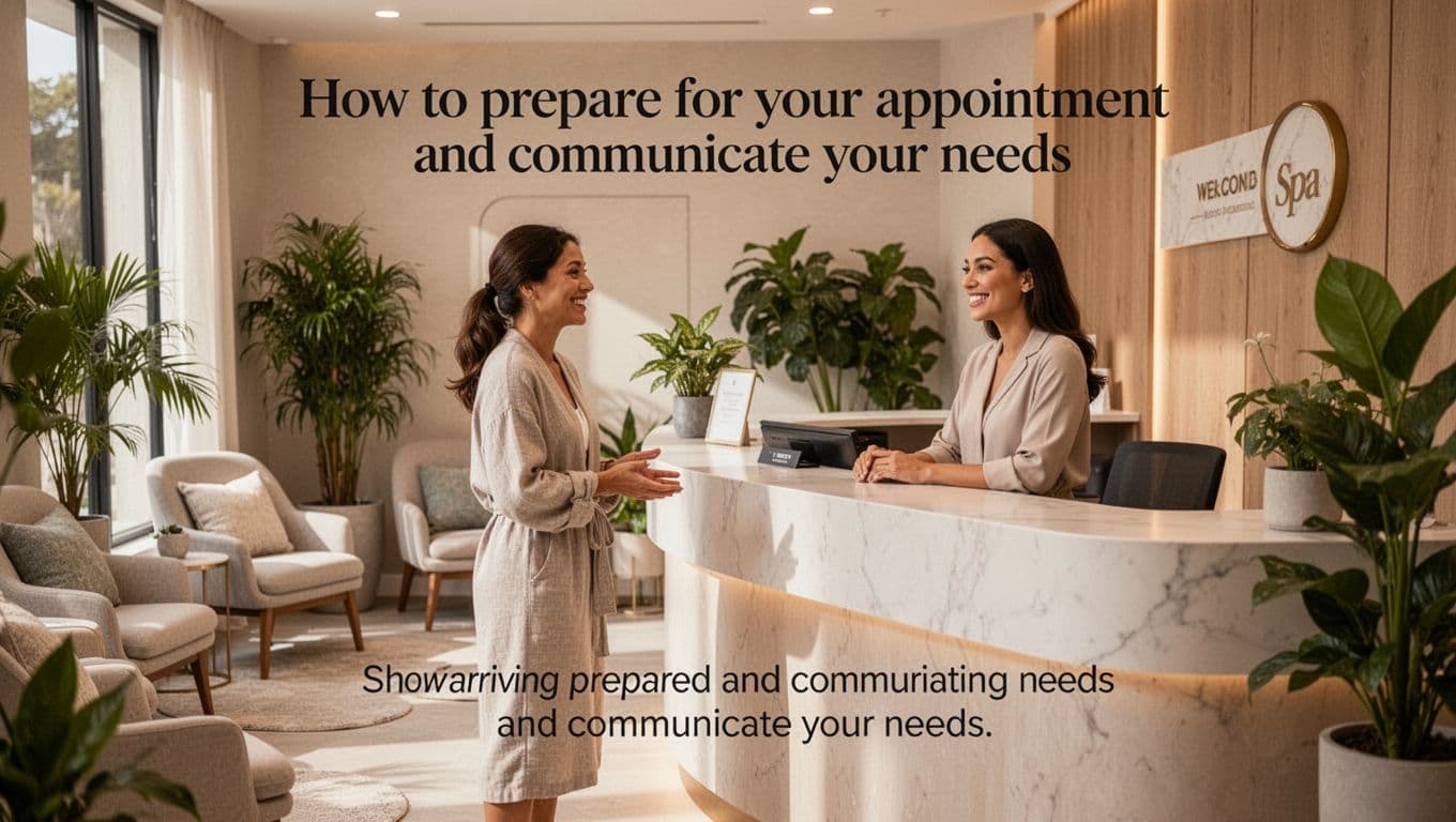 Massage 10 A relaxed client arriving early at a modern spa reception smiles while speaking with the receptionist behind the desk in a cozy waiting area with plants, soft seating, and warm natural lighting, embodying a professional welcoming atmosphere.