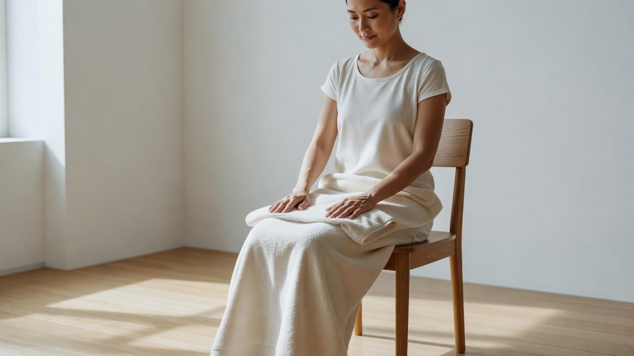 A calm person carefully folds a fresh white towel atop a minimalist wooden chair. The sun-drenched room features soft highlights and deep shadows, creating a serene environment for wellness therapy.