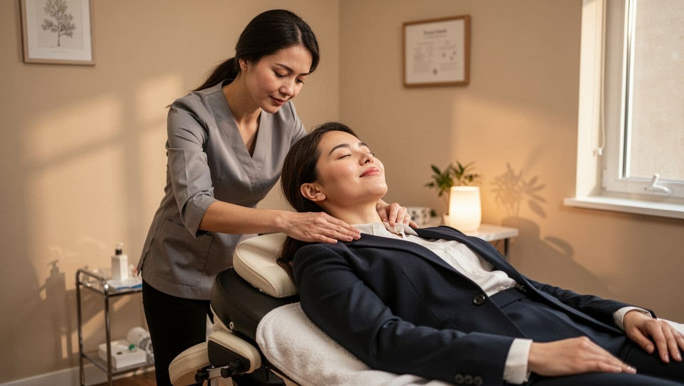 A busy professional in work clothes relaxes on a massage table, receiving a shoulder and neck massage from a therapist in a peaceful clinic with soft lighting and a bold 'Prevent Burnout' headline.