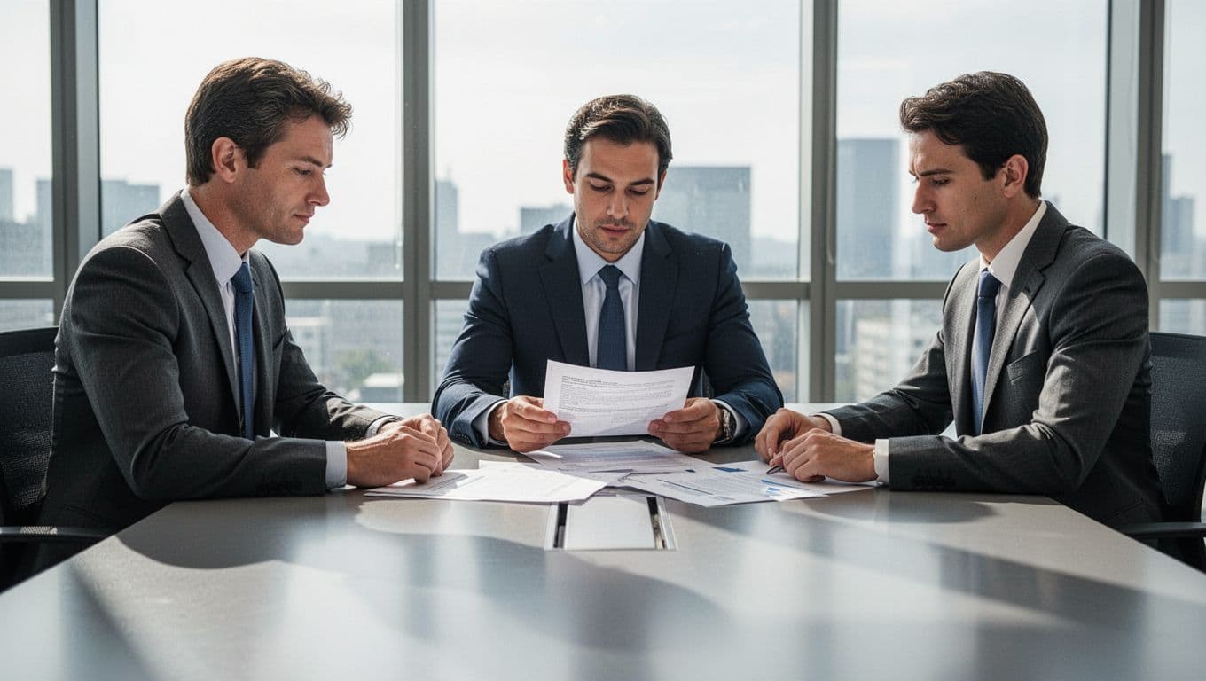 Two Kenyan professionals in suits seated at a conference table with a neutral arbitrator in a modern Nairobi office, reviewing documents during a private arbitration hearing under natural window light.