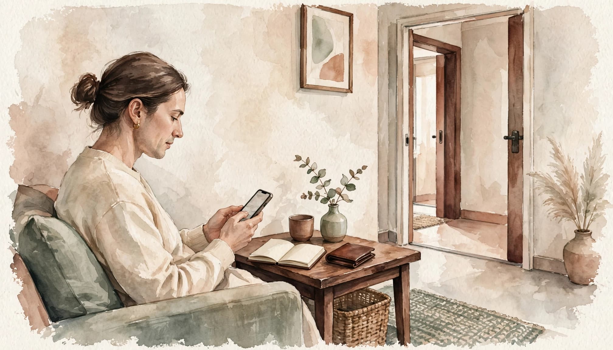 Massage Spa in Kilimani: How to Choose a Safe Erotic Massage Experience A seated client checks a phone beside a notebook and wallet near an open doorway.