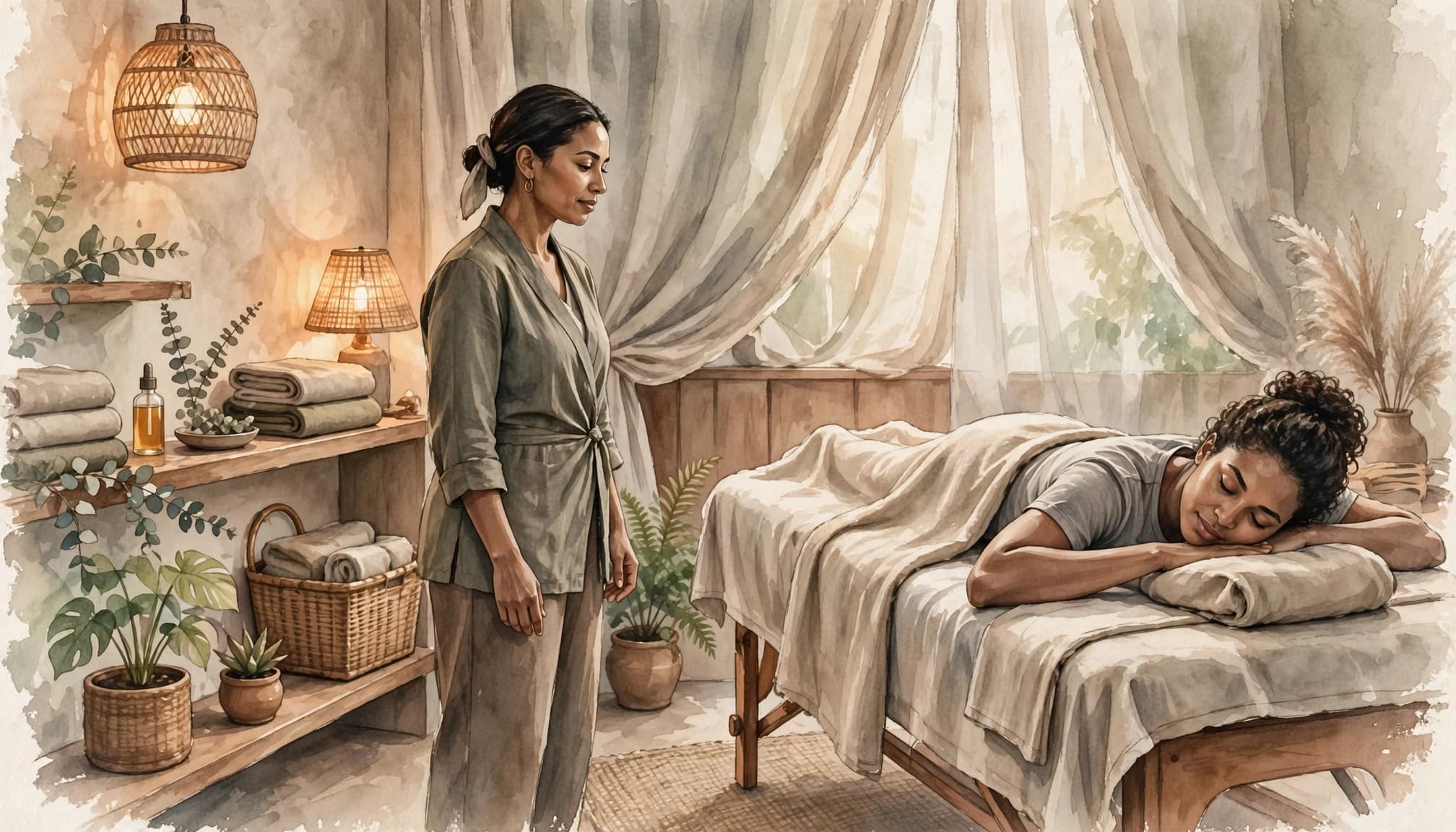 Massage Spa in Kilimani: How to Choose a Safe Erotic Massage Experience A client rests on a massage table as a therapist stands nearby in a softly lit spa.