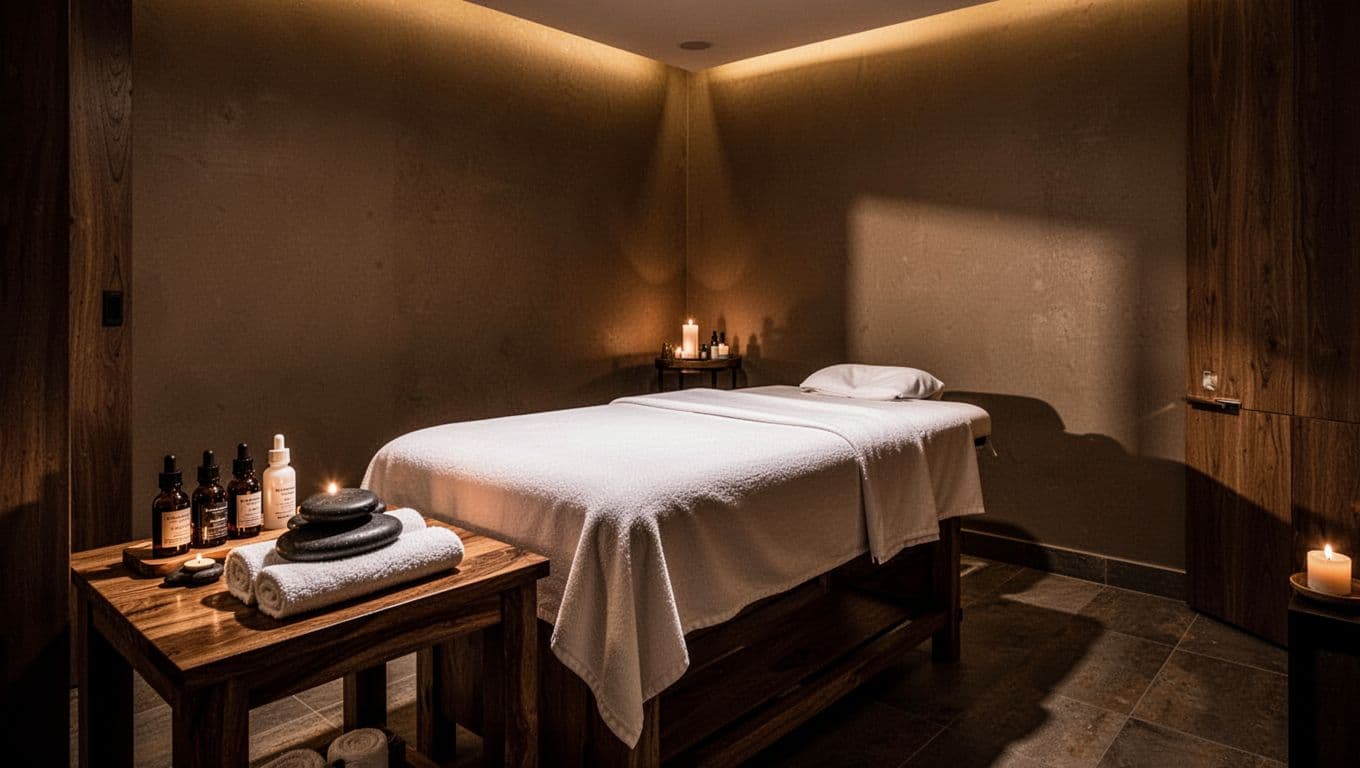Interior of a cozy, private premium massage treatment room in a modern Nairobi spa, with a massage table draped in fresh white linens and a wooden side table holding neatly arranged essential oils, hot stones, and towels, illuminated by dim warm ambient lighting for a serene cinematic atmosphere.