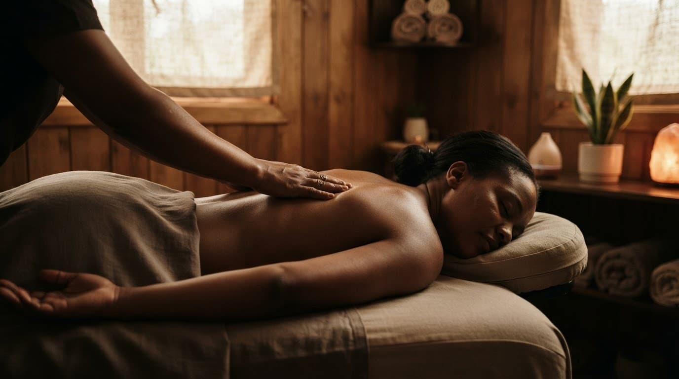 A draped client receives an upper back massage in a warm, private spa room.
