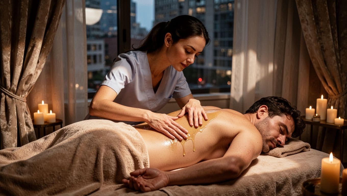 Cinematic scene of a female therapist performing a sensual body-to-body massage with warm oils on a draped male client in a private Nairobi spa, emphasizing consent and connection.