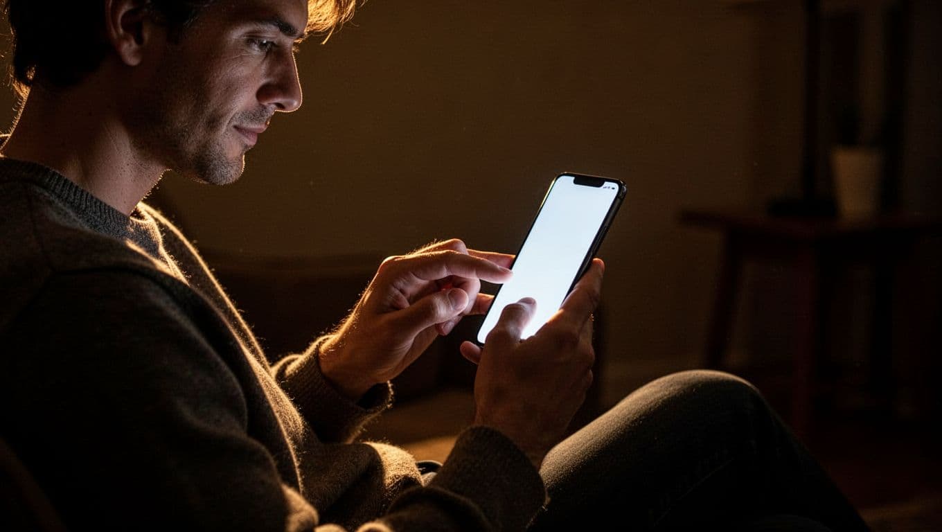 A person uses a smartphone in a dark room with dramatic lighting.