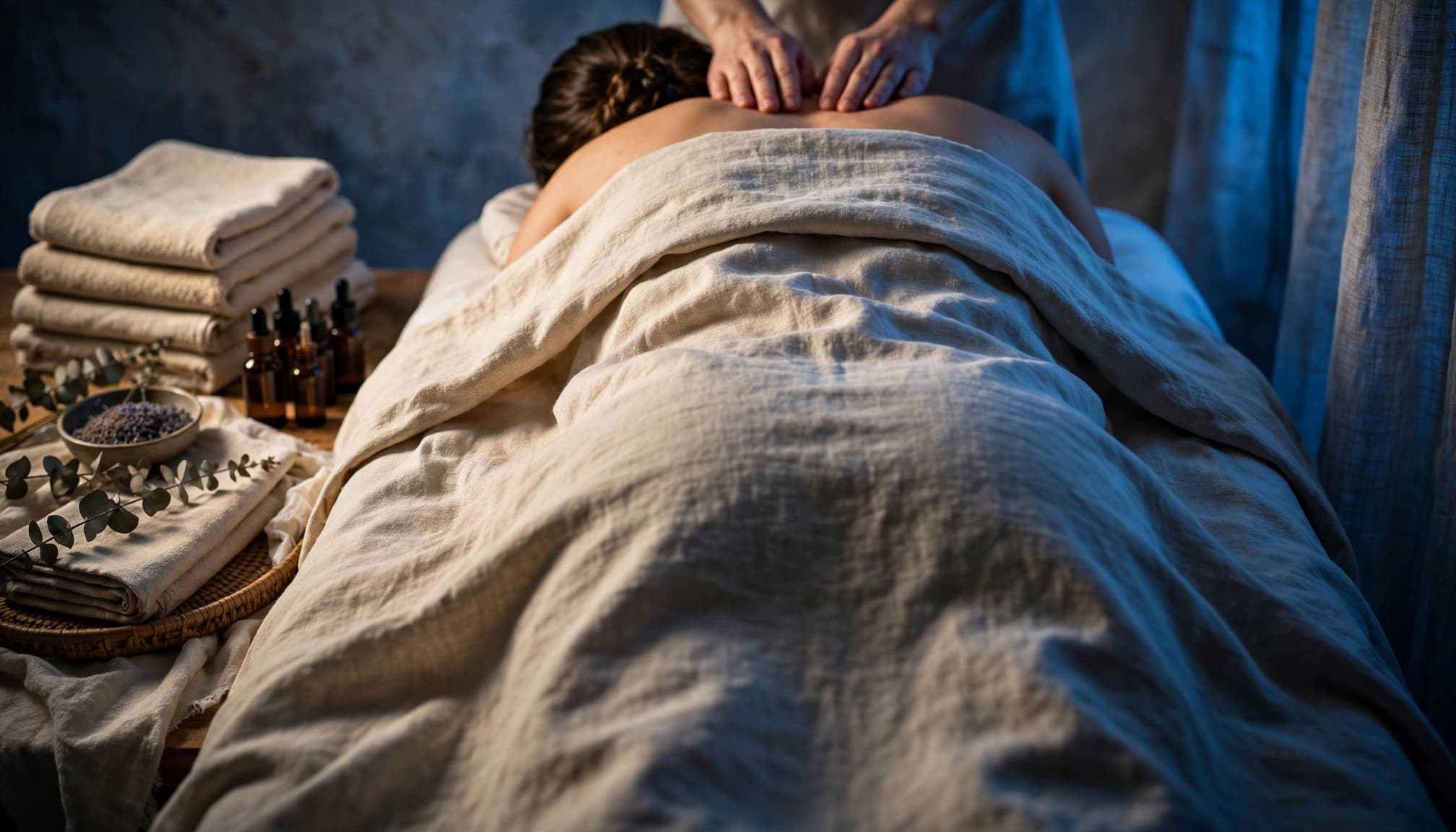 Aromatherapy Massage 3 A covered client receives a gentle back massage in a calm wellness room.