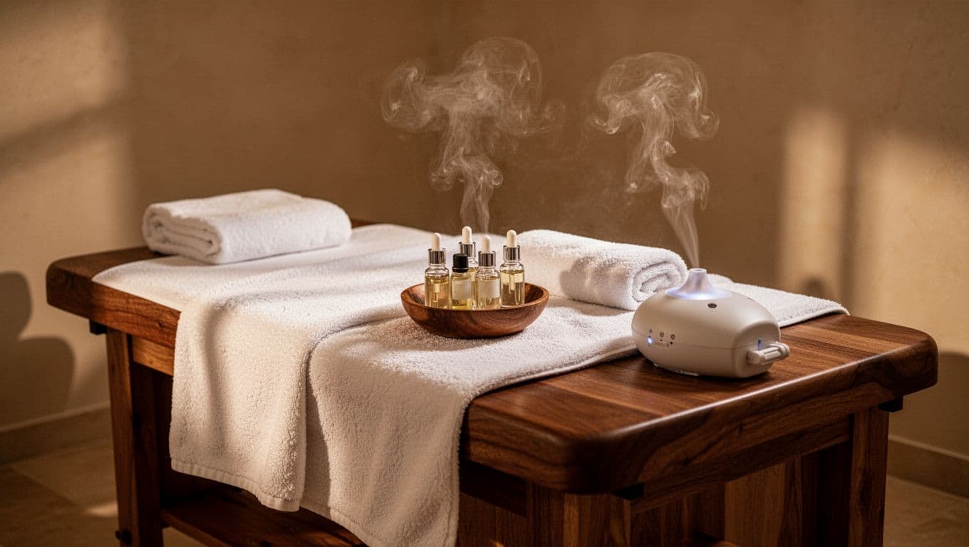 A pristine massage table draped in soft white linens sits under warm glowing lights. Nearby, a wooden bowl holds essential oil vials next to a diffuser gently releasing fine therapeutic mist.