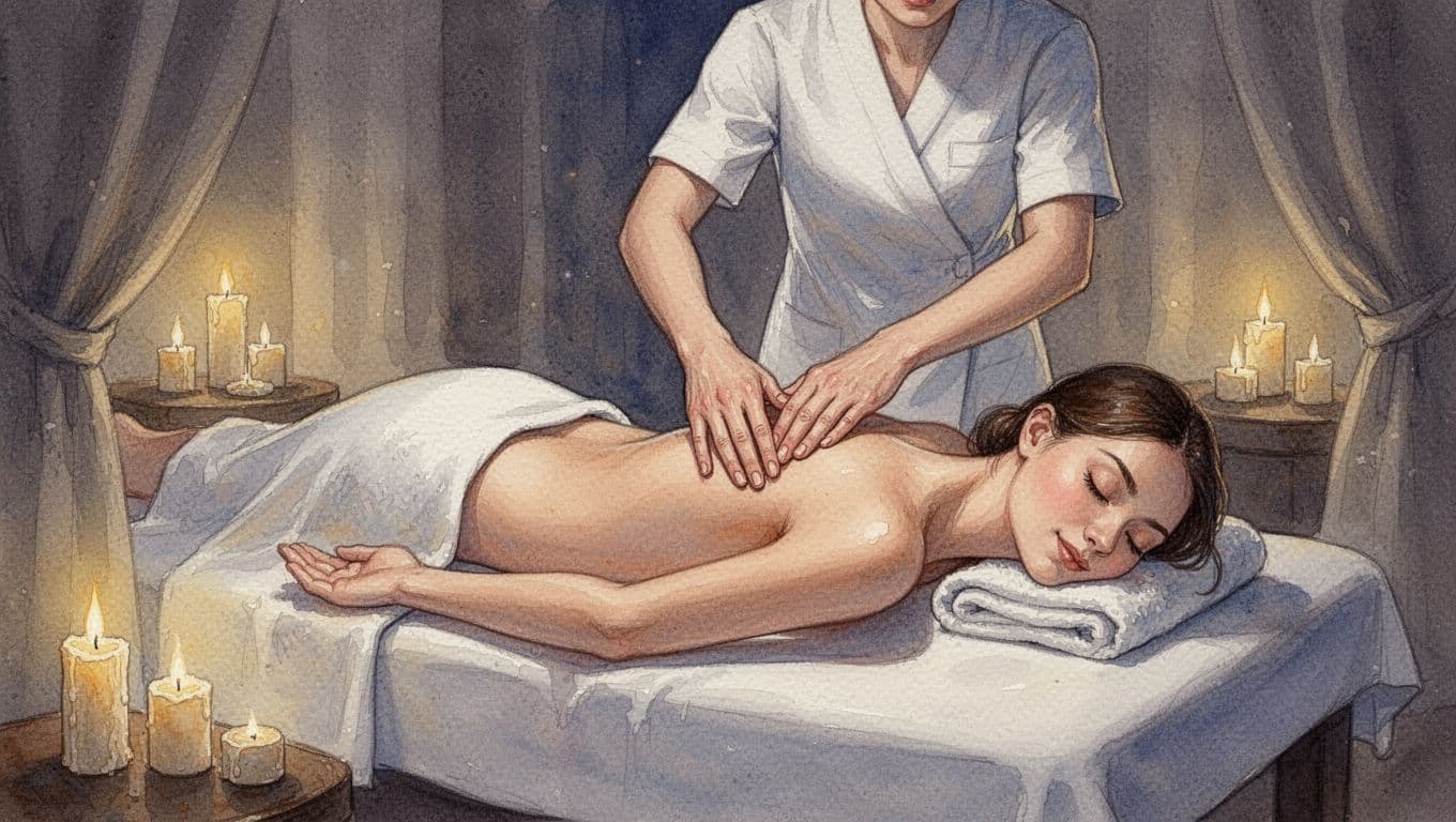 A person lies relaxed on a massage table in a dimly lit spa as a therapist performs a soothing back treatment. Soft, watercolor brush strokes create a calm, atmospheric aesthetic throughout.